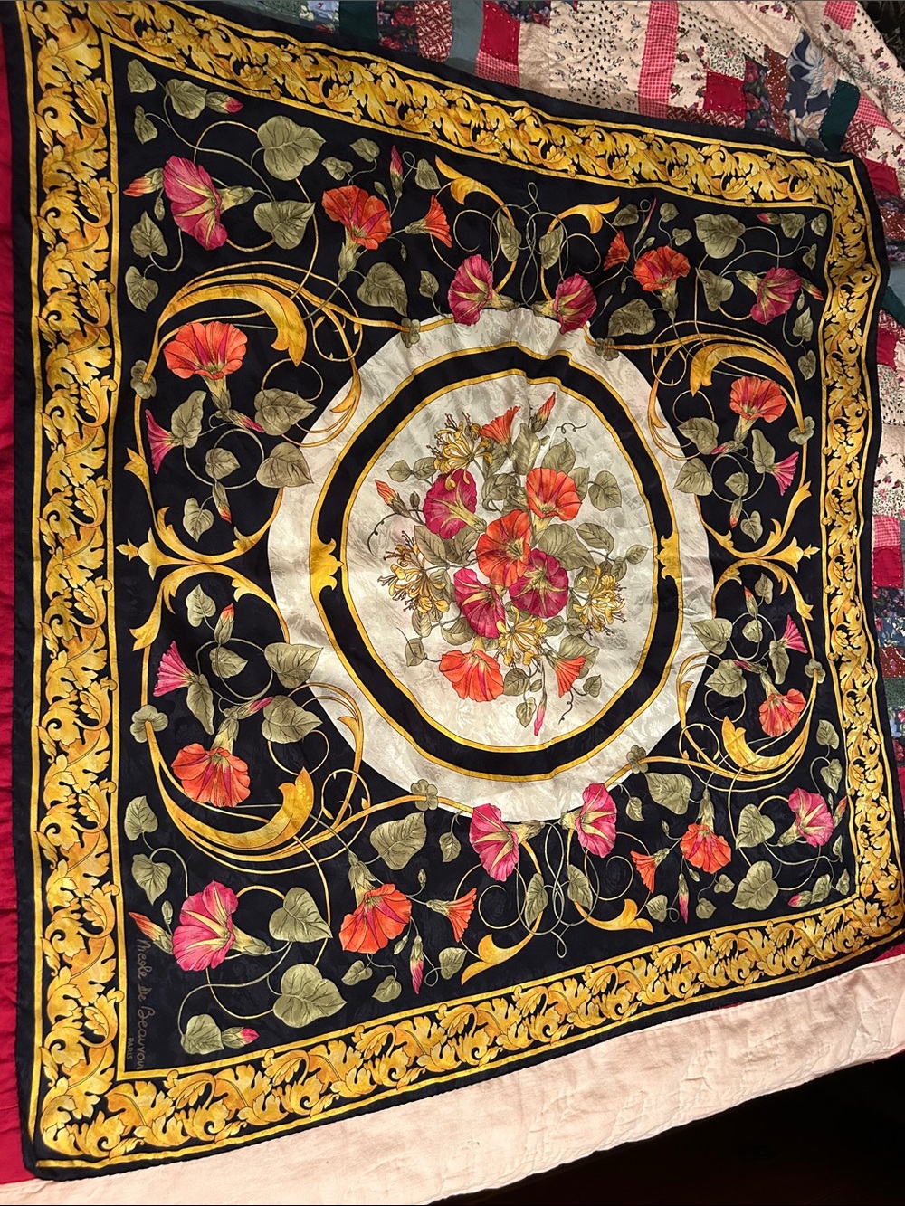 NICOLE DE BEAUVOIR Paris Floral Medallion Silk Scarf in Black, Gold & Pink